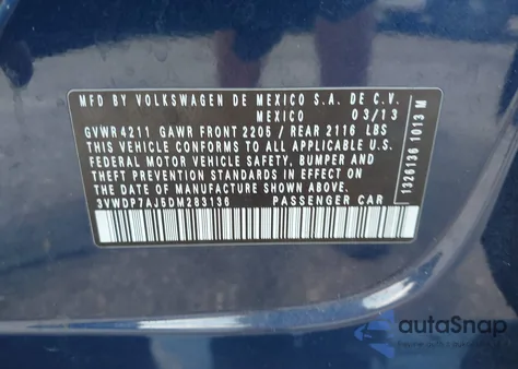 2013 Volkswagen Jetta 2.5L Se из США, поврежденный, VIN 3VWDP7AJ5DM283136